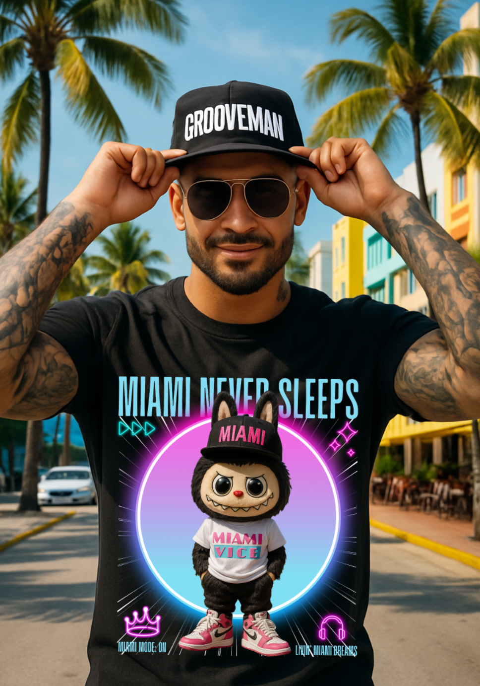 Man wearing a black t-shirt with 'Miami Never Sleeps' design and a cap, standing in a city street with palm trees.