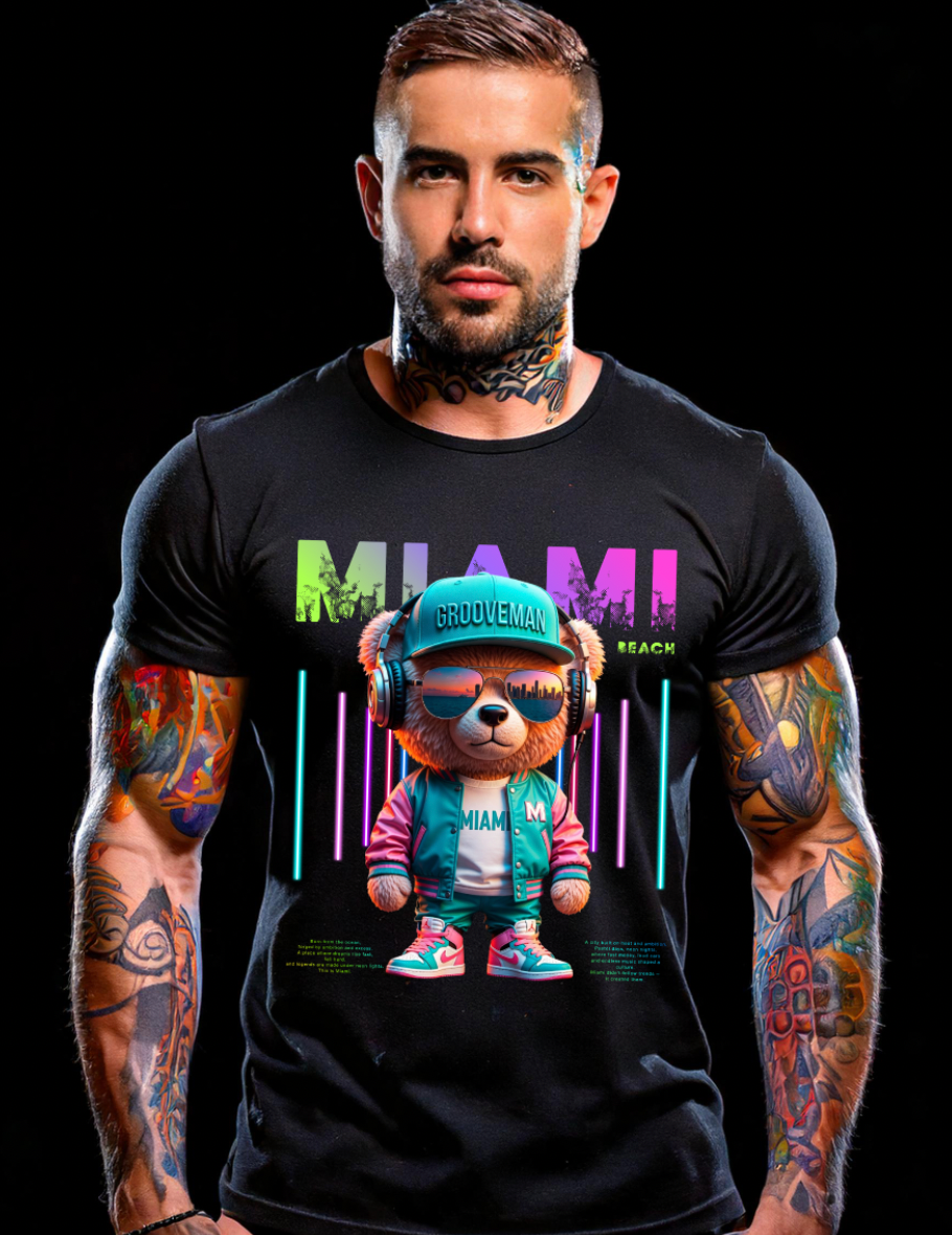 Man wearing a black t-shirt with a colorful graphic design on a black background