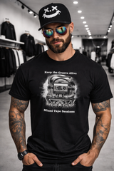 Man wearing a black t-shirt with graphic design and text, standing in a store.