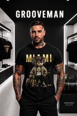 Miami Teddy Bear Rhinestone T-Shirt Black & Gold – Premium Streetwear Graphic Tee | Grooveman