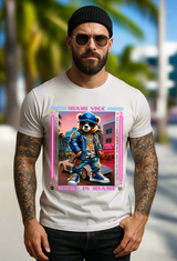 Man wearing a white t-shirt with a graphic of a bear in a Miami Vice style outfit on a gray background