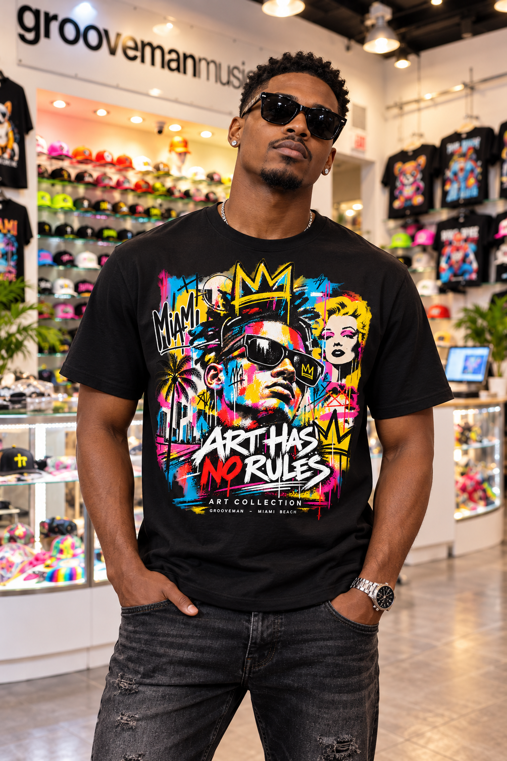 Model in sunglasses wearing the black Art Has No Rules graphic T-shirt in front of colorful cap displays at Grooveman.