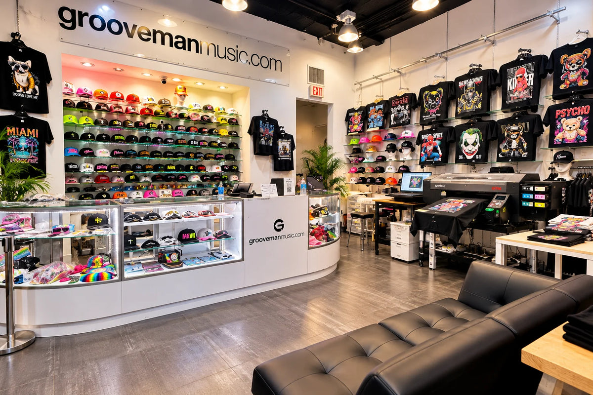 Custom T-shirt printing studio at Grooveman Music in Miami Beach