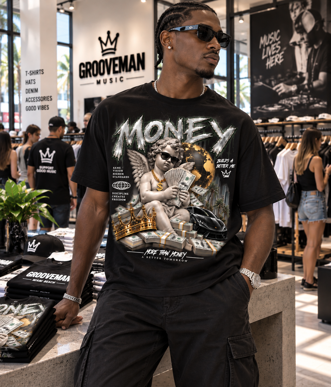 A man wearing a black Grooveman Music graphic t-shirt with a gold and silver 'Money' design, standing inside a retail store.