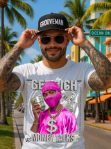 Man wearing a white t-shirt with a graphic design, black cap, and sunglasses on a street with palm trees.