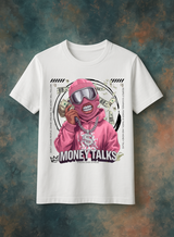 White t-shirt with a graphic design featuring a person in a pink hoodie and sunglasses, with 'Money Talks' text on a textured background.