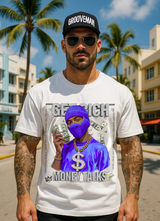 Man wearing a white t-shirt with a graphic design of a person in a Purple mask holding money, with palm trees and buildings in the background.