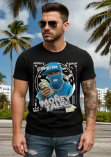 Man wearing a black t-shirt with a graphic design and sunglasses, standing against a neutral background.