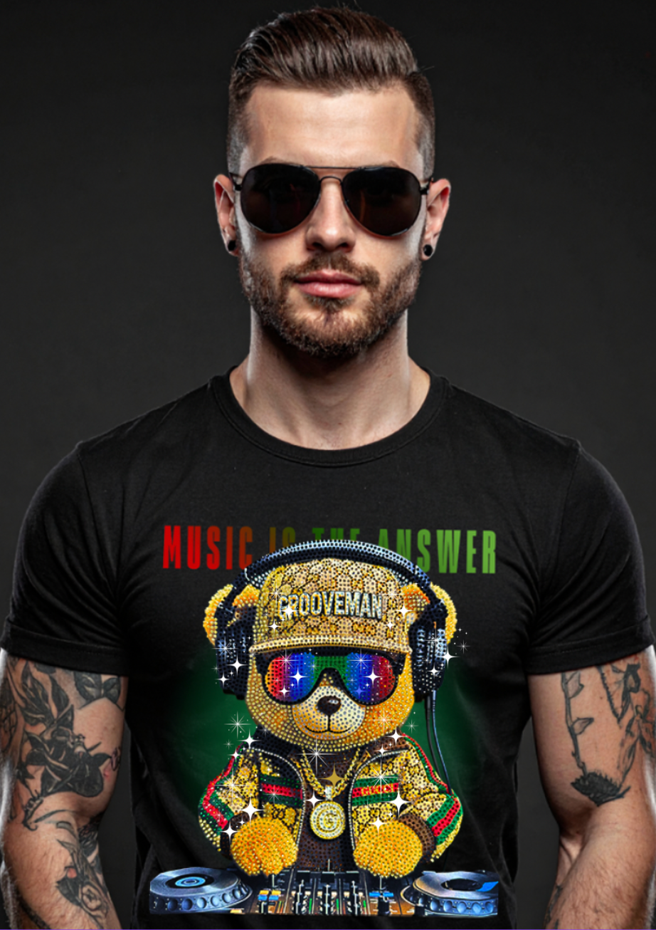 Man wearing a black t-shirt with a colorful graphic design and text.