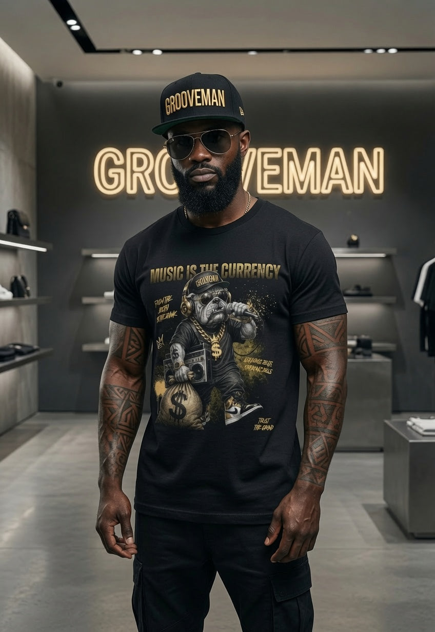 Man wearing a black t-shirt with graphic design and text, standing in a modern interior setting.