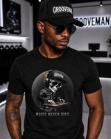 Man wearing a black t-shirt with a skull graphic and 'Grooveman' text, standing in a store.
