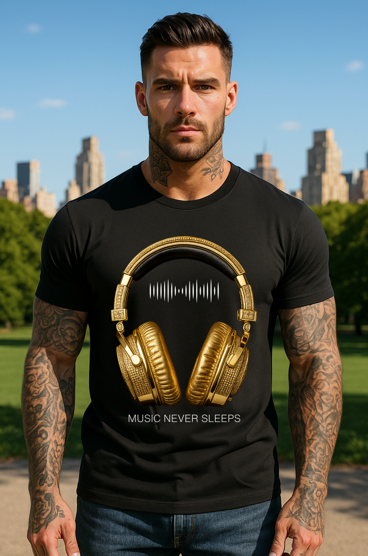 Man wearing a black t-shirt with gold headphones graphic and 'Music Never Sleeps' text, standing outdoors with city skyline in the background.