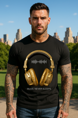 Man wearing a black t-shirt with gold headphones graphic and 'Music Never Sleeps' text, standing outdoors with city skyline in the background.