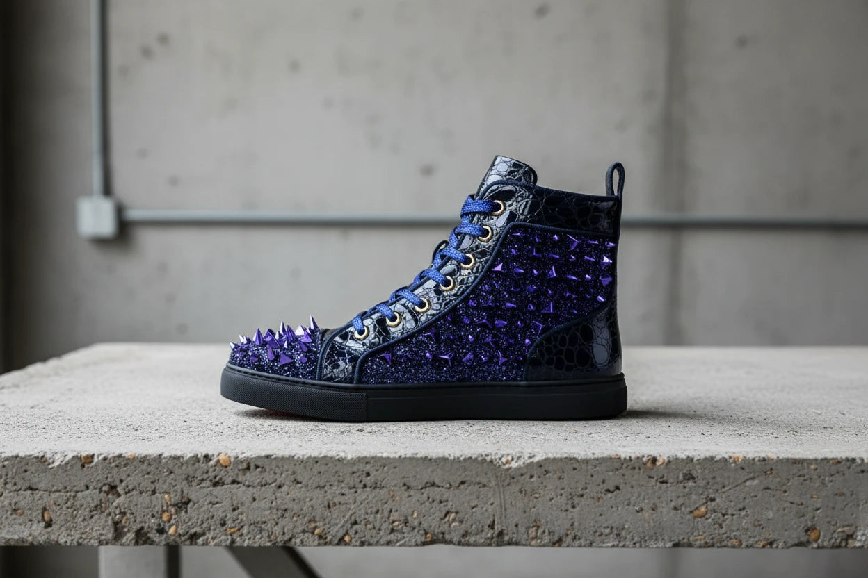 Blue glittery high-top sneaker with purple spikes on a white background