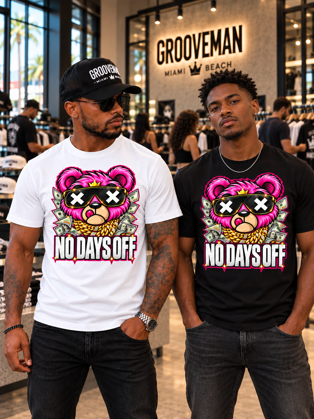 Two models wearing white and black No Days Off pink teddy bear T-shirts inside Grooveman, with shoppers behind them.
