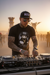 Black t-shirt with a graphic of a character DJing on a hanger against a dark background