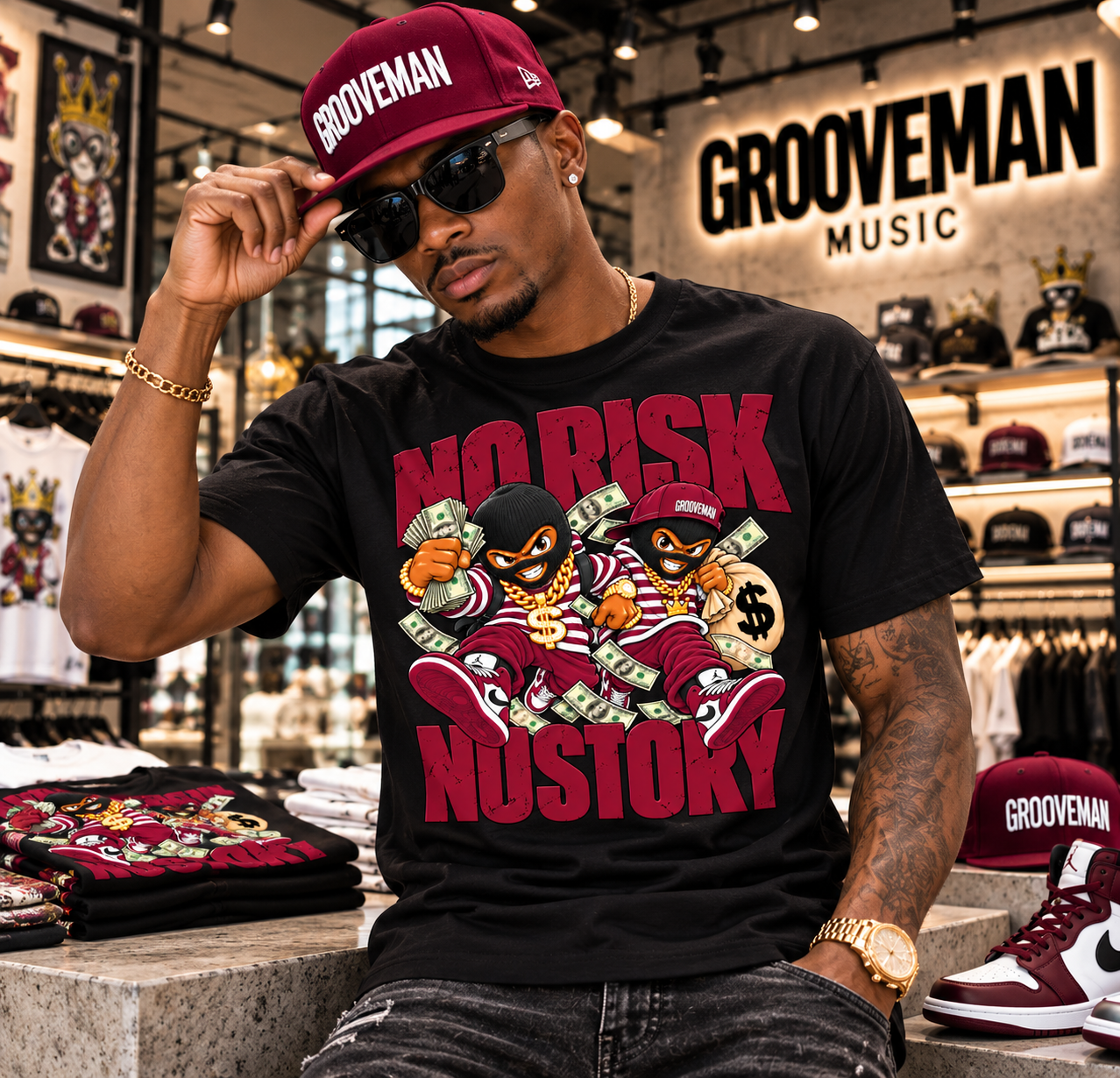 A man wearing a black t-shirt with a colorful 'NO RISK NO STORY' graphic, a burgundy Grooveman cap, and sunglasses, posing in a retail store with Grooveman Music branding in the background.