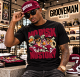 A man wearing a black t-shirt with a colorful 'NO RISK NO STORY' graphic, a burgundy Grooveman cap, and sunglasses, posing in a retail store with Grooveman Music branding in the background.