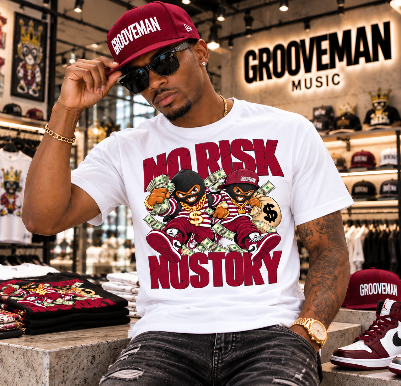 A man wearing a white t-shirt with a bold red and black graphic that reads 'NO RISK NO STORY' and two cartoon characters, paired with a matching red and black Grooveman cap, sitting inside a music store.