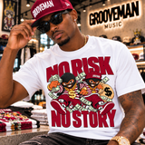 A man wearing a white Grooveman t-shirt with a red and gold graphic that reads 'NO RISK NO STORY', paired with a matching red cap and sunglasses, in a retail store setting.