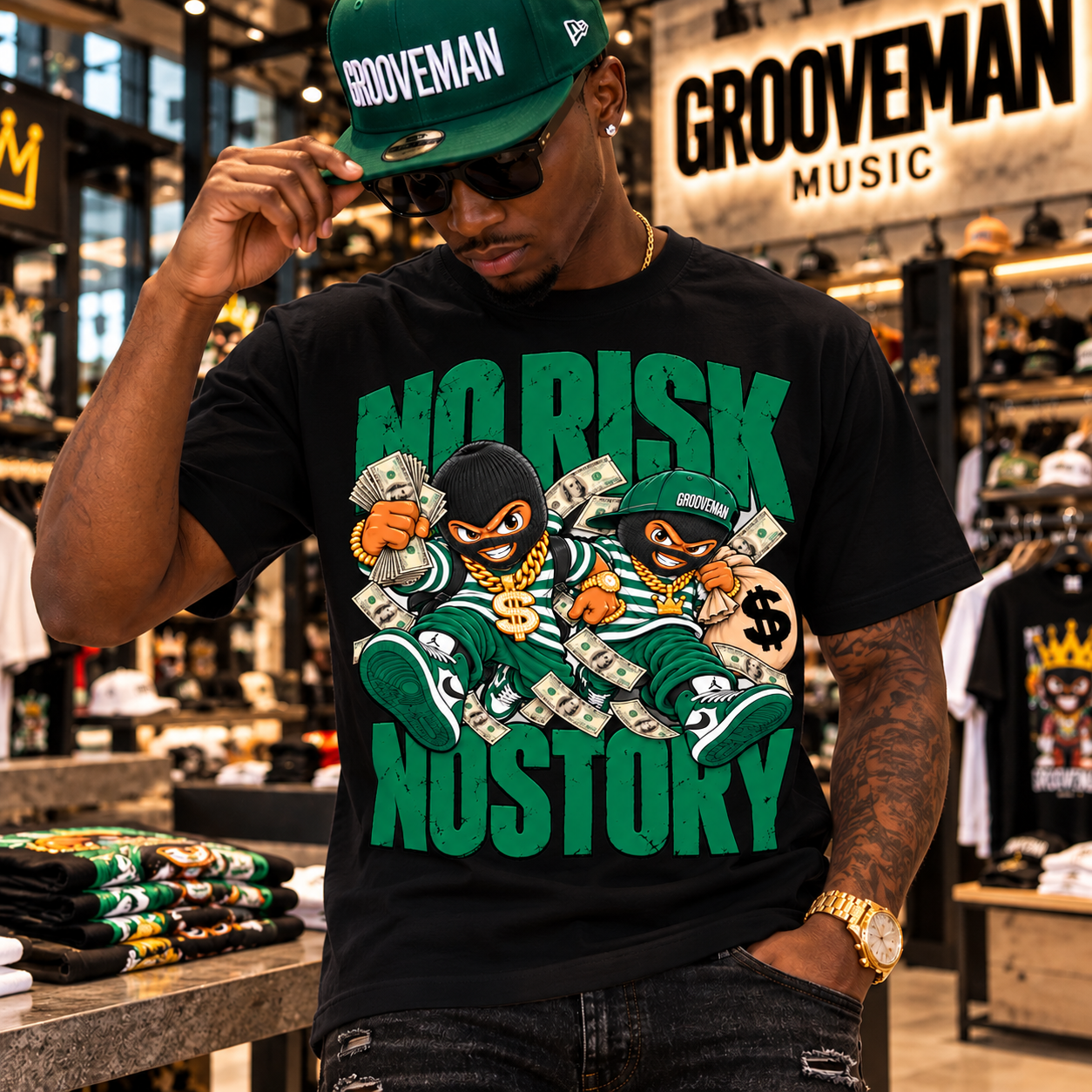 A man wearing a black t-shirt with a green and white graphic print that reads 'NO RISK NO STORY' and two cartoon characters holding cash, posing inside a Groovemusic store. He is also wearing a green Grooveman cap and sunglasses.