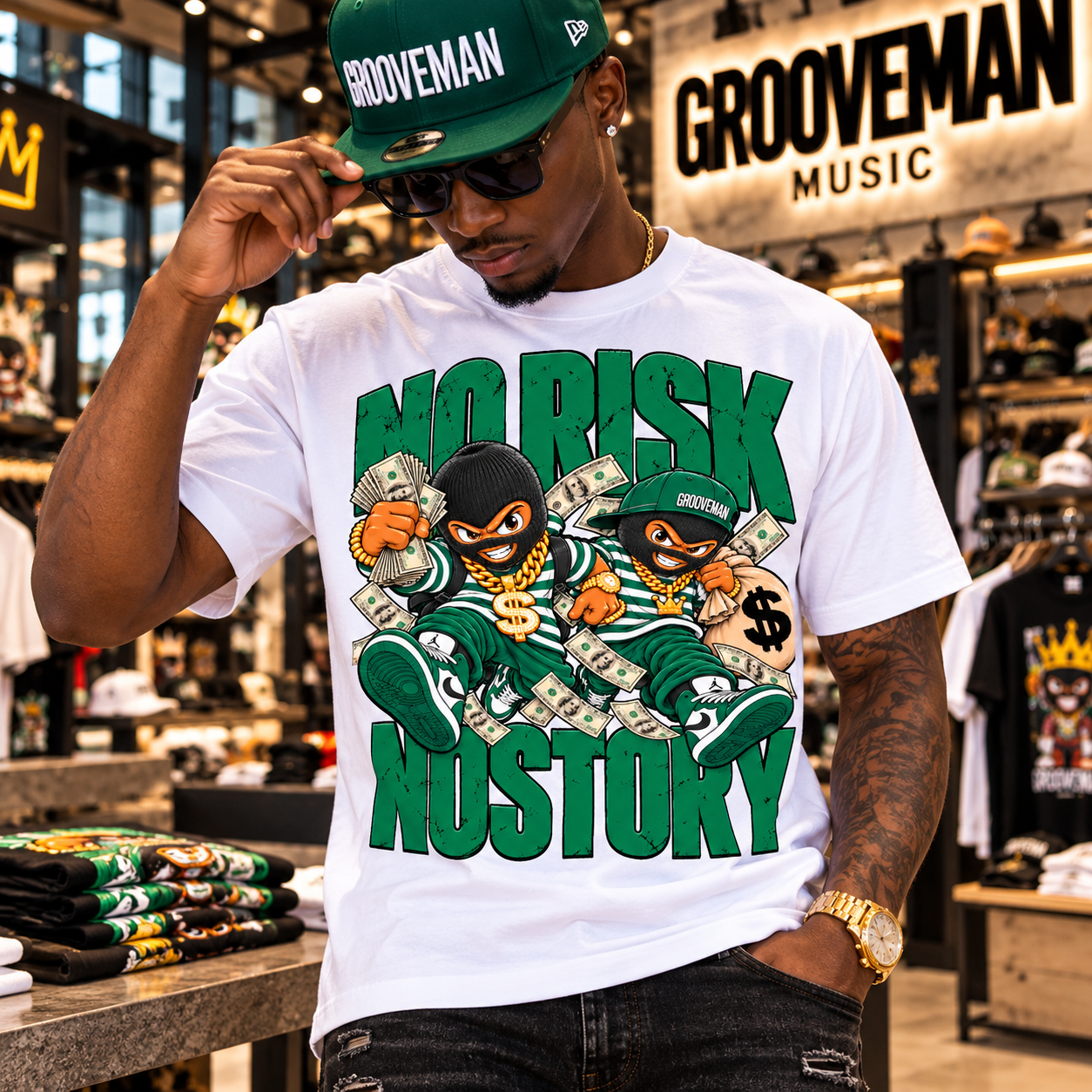 A man wearing a white Grooveman t-shirt with a green and black graphic print that reads 'NO RISK NO STORY' and two cartoon characters, posed inside a music store with Grooveman branding in the background.