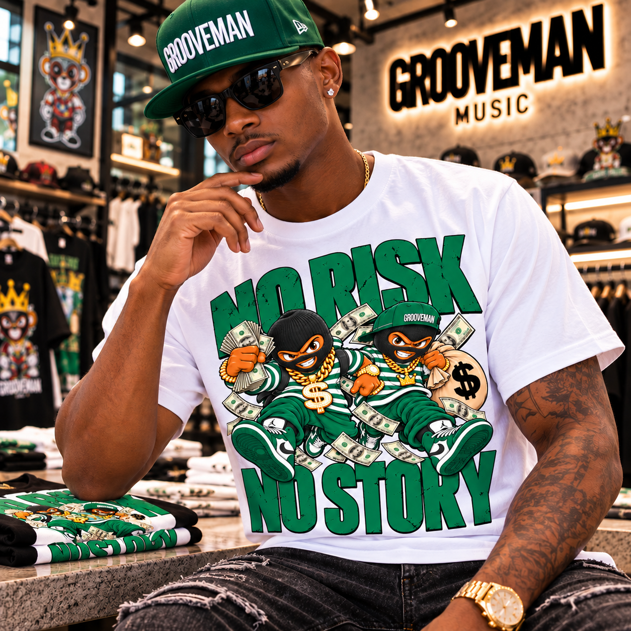 A man wearing a white t-shirt with a green and black 'NO RISK NO STORY' cartoon graphic, sitting in a music store. The t-shirt features a bold green and black design with a cartoon character wearing a green cap and sunglasses, surrounded by money bags.