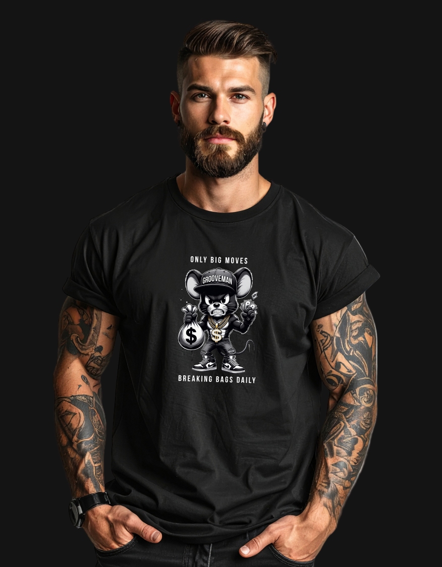 Man wearing a black t-shirt with a graphic design on a gray background