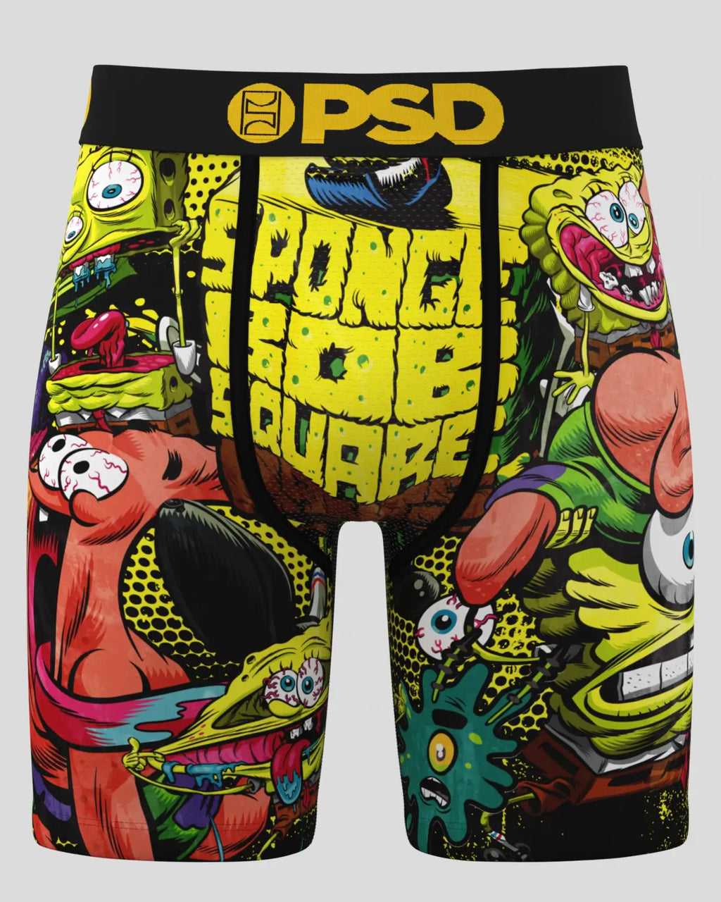 Colorful cartoon-themed boxer briefs with visible branding on a gray background
