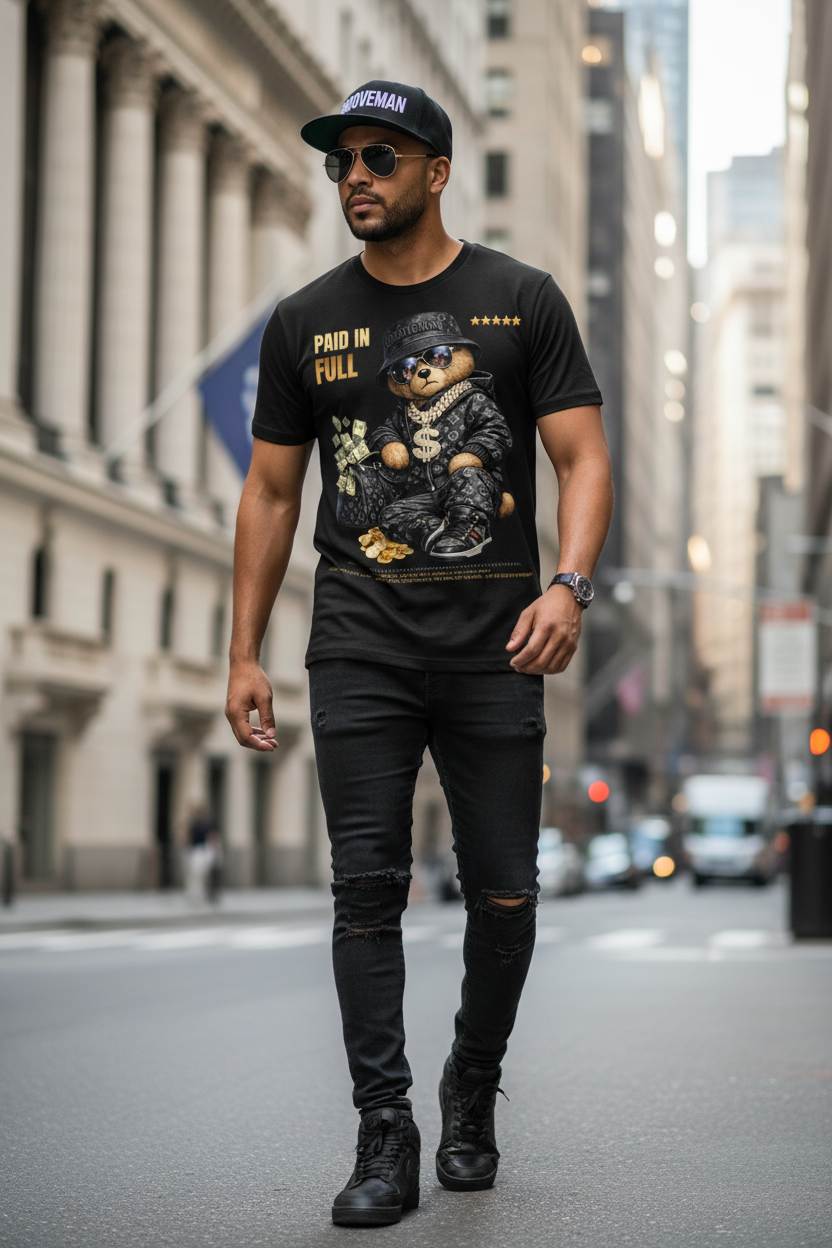 Black t-shirt with a graphic of a bear wearing a cap and sunglasses, holding money, on a dark background.