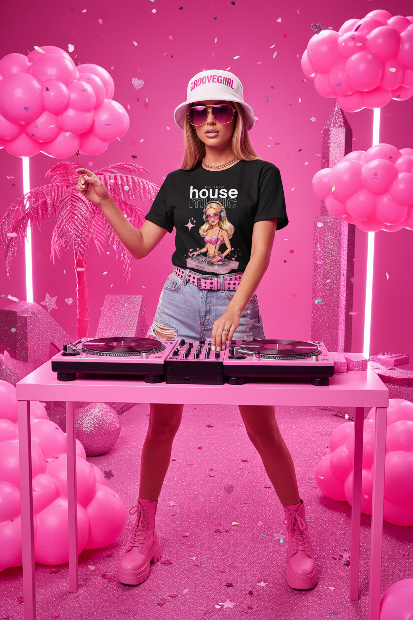Black t-shirt with a graphic of a woman DJing and 'house music' text on a hanger against a dark background.