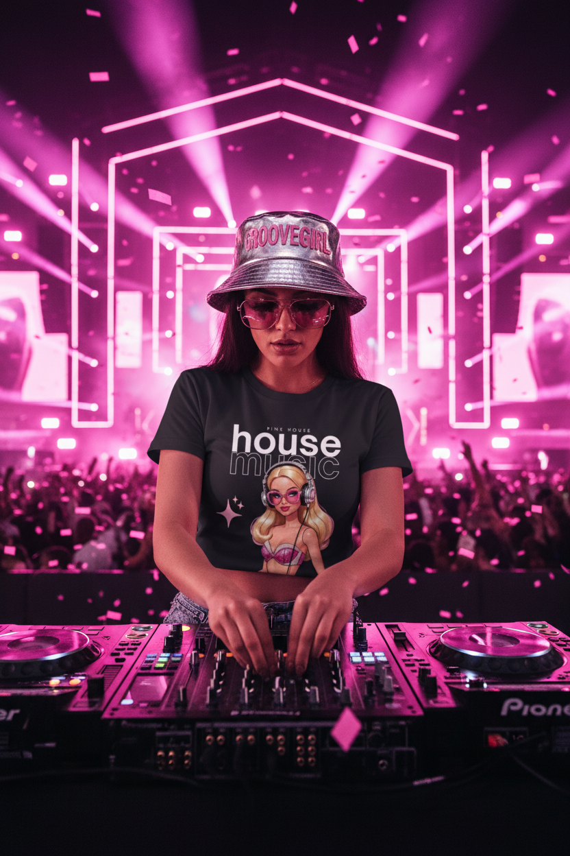 Black t-shirt with a graphic of a woman DJing and 'house music' text on a hanger against a dark background.