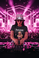 Black t-shirt with a graphic of a woman DJing and 'house music' text on a hanger against a dark background.