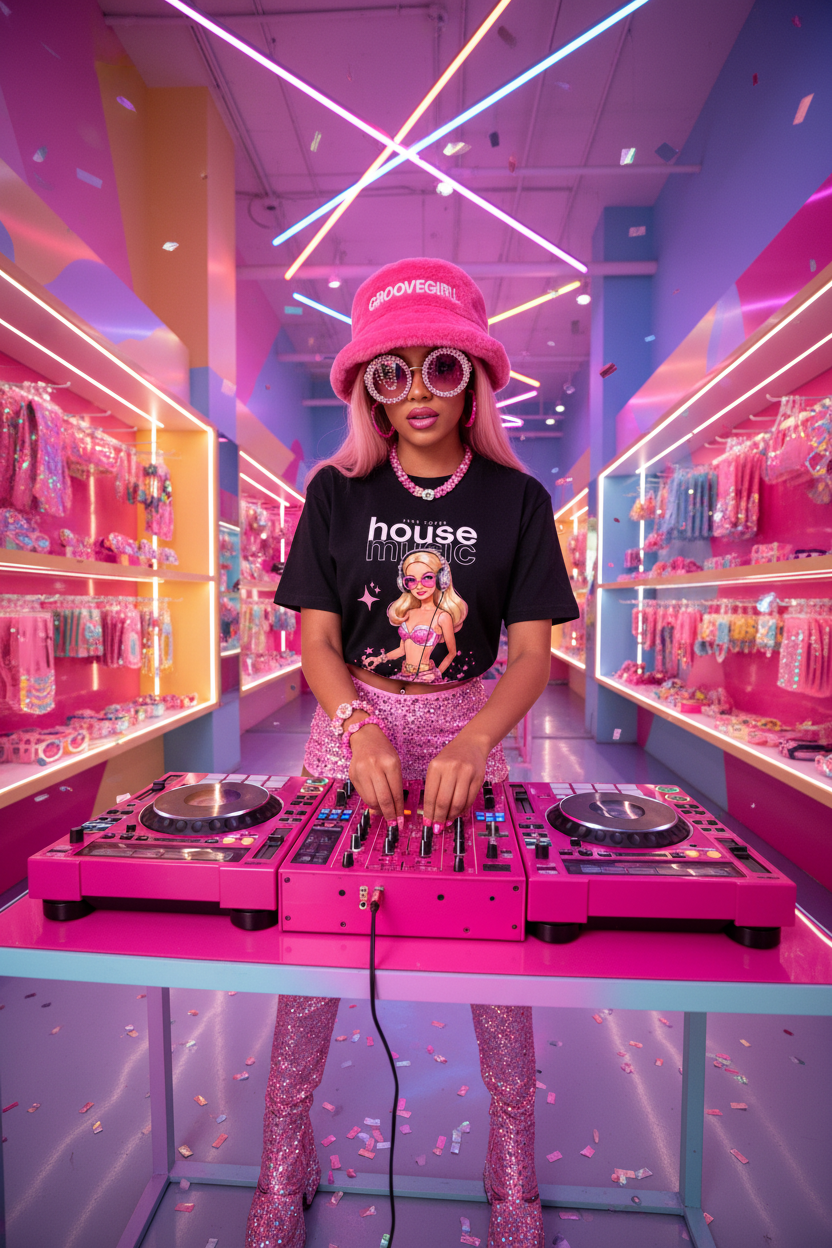 Black t-shirt with a graphic of a woman DJing and 'house music' text on a hanger against a dark background.
