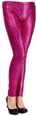 Pink fish-scale pattern leggings worn with black shoes on a white background