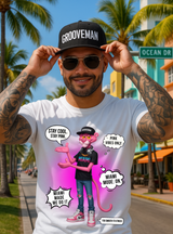 Man wearing a white t-shirt with a graphic design, sunglasses, and a cap in a street setting.