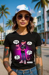 Woman wearing a black t-shirt with a graphic design, sunglasses, and a cap in a sunny urban setting.