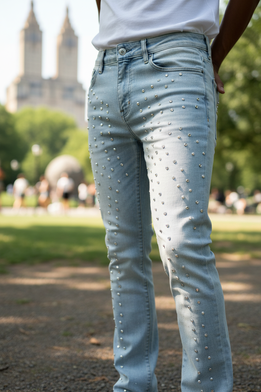 Light blue jeans with rhinestone embellishments worn by a person in an outdoor setting.