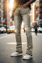 Premium Skinny Bootcut Rhinestone Jeans – Gold Vintage Wash, Super Stretch