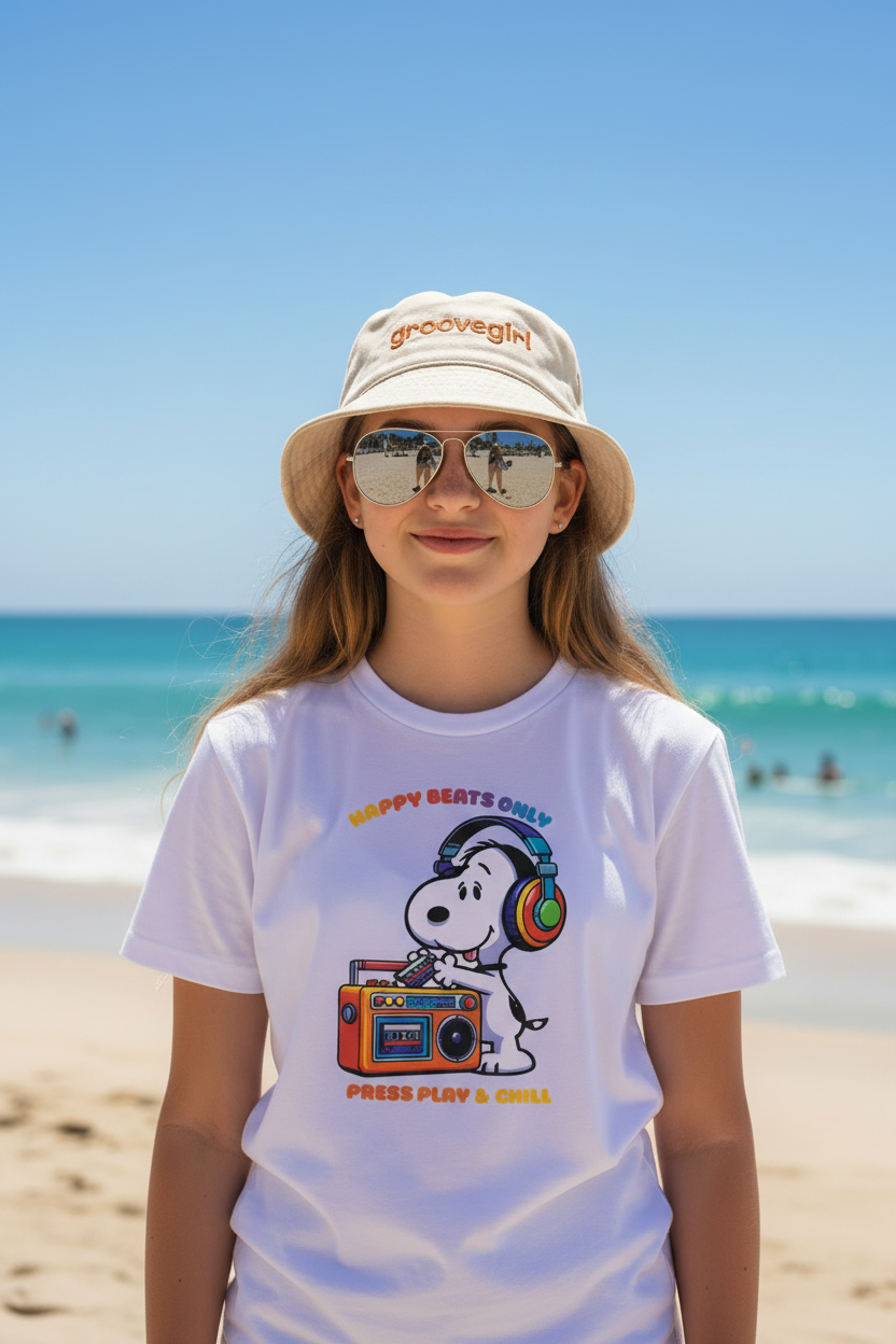 White t-shirt with Snoopy graphic and text on a hanger against a dark background