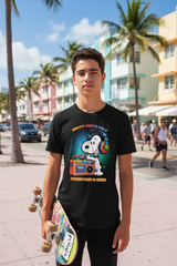 Black t-shirt with Snoopy graphic and text on a hanger against a dark background
