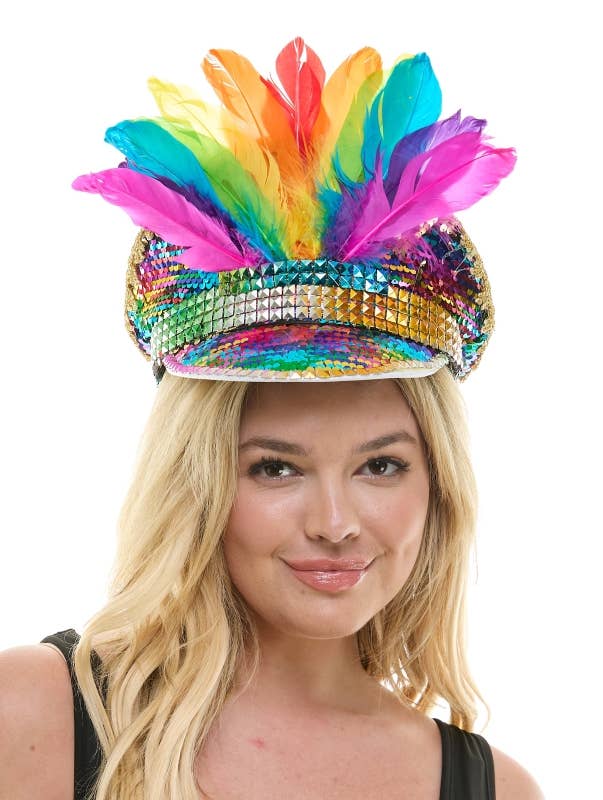 Colorful feathered headband with sequins on a white background