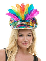 Colorful feathered headband with sequins on a white background