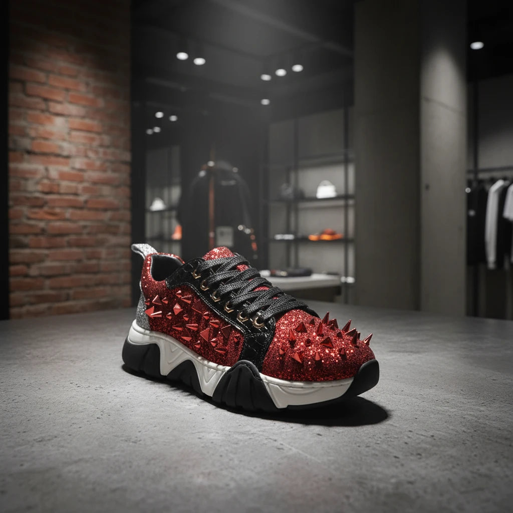 Red Black Glitter Red Spikes Lace up Sneaker Encore by Fiesso