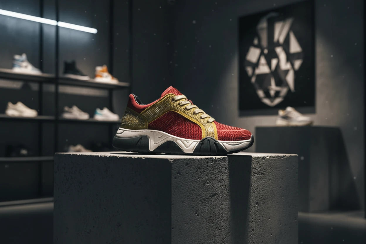 Red and gold sneaker with rhinestone details on a white background
