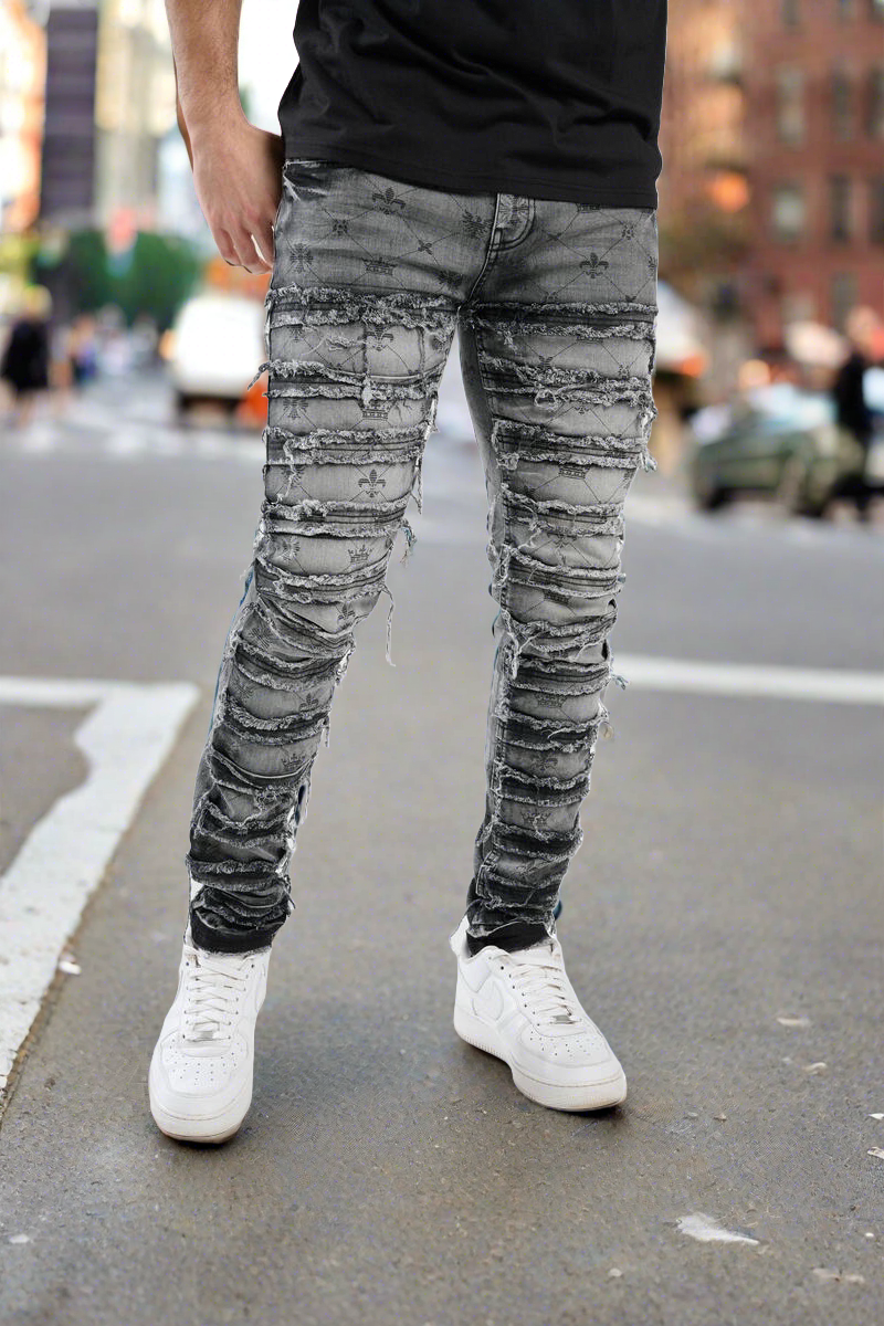 Premium Stretch Slim Fit Jeans with Discharge Print & Frayed Patch