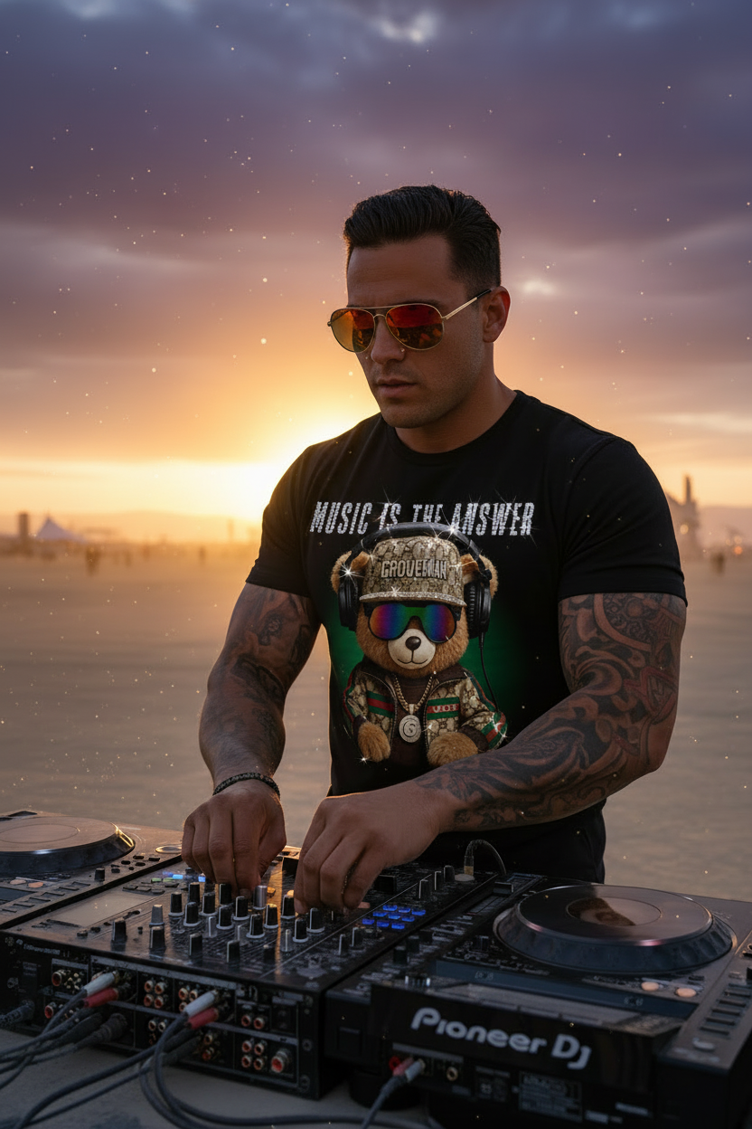 Music Is The Answer Rhinestone T-Shirt | Grooveman Bling DJ Tee