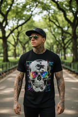 Black t-shirt with a skull design wearing colorful sunglasses on a hanger against a dark background