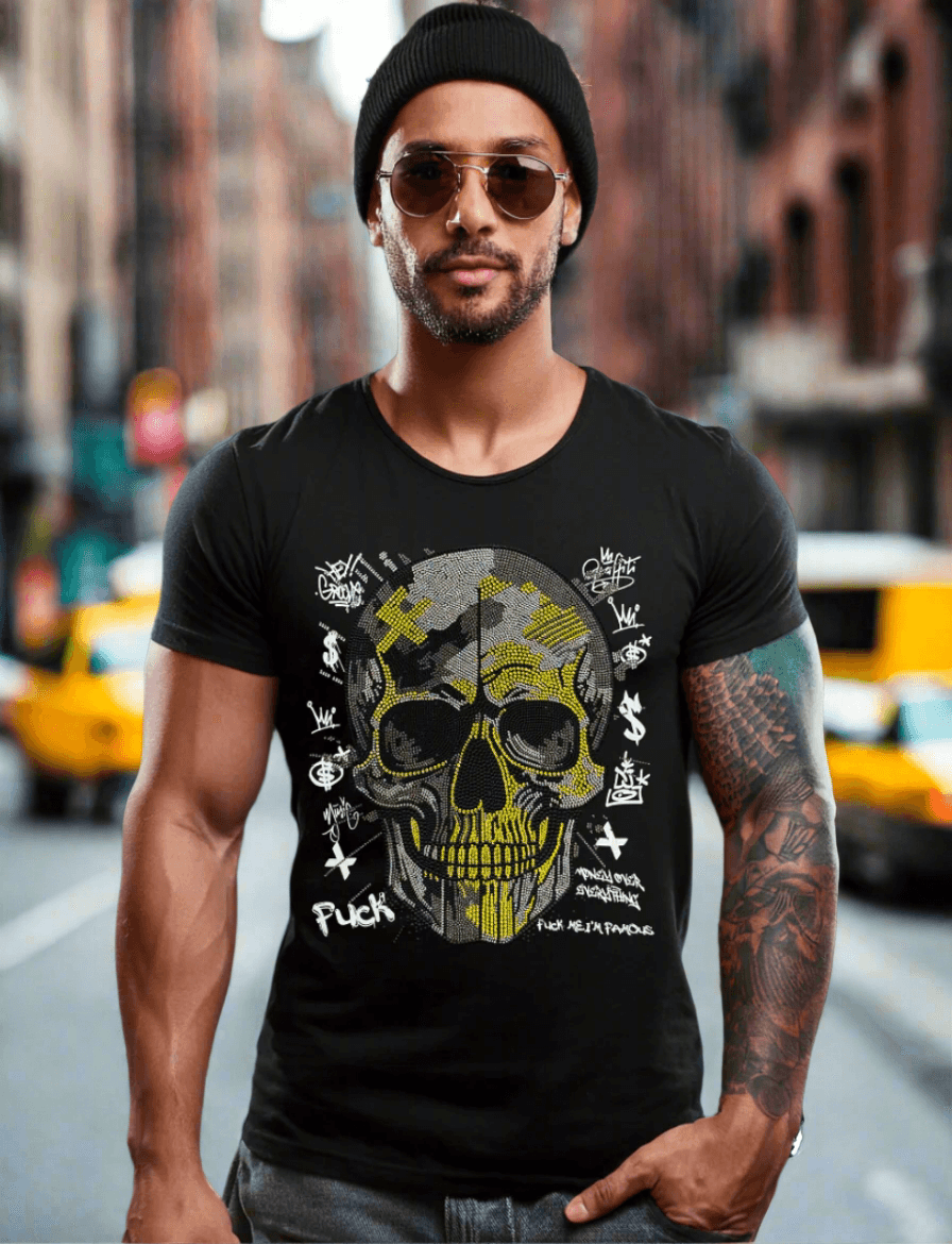 Rhinestones T Shirt Skull Black Gold Exclusive | Grooveman Music TM