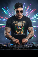Black t-shirt with a teddy bear graphic and text 'Music is the Answer' on a dark background